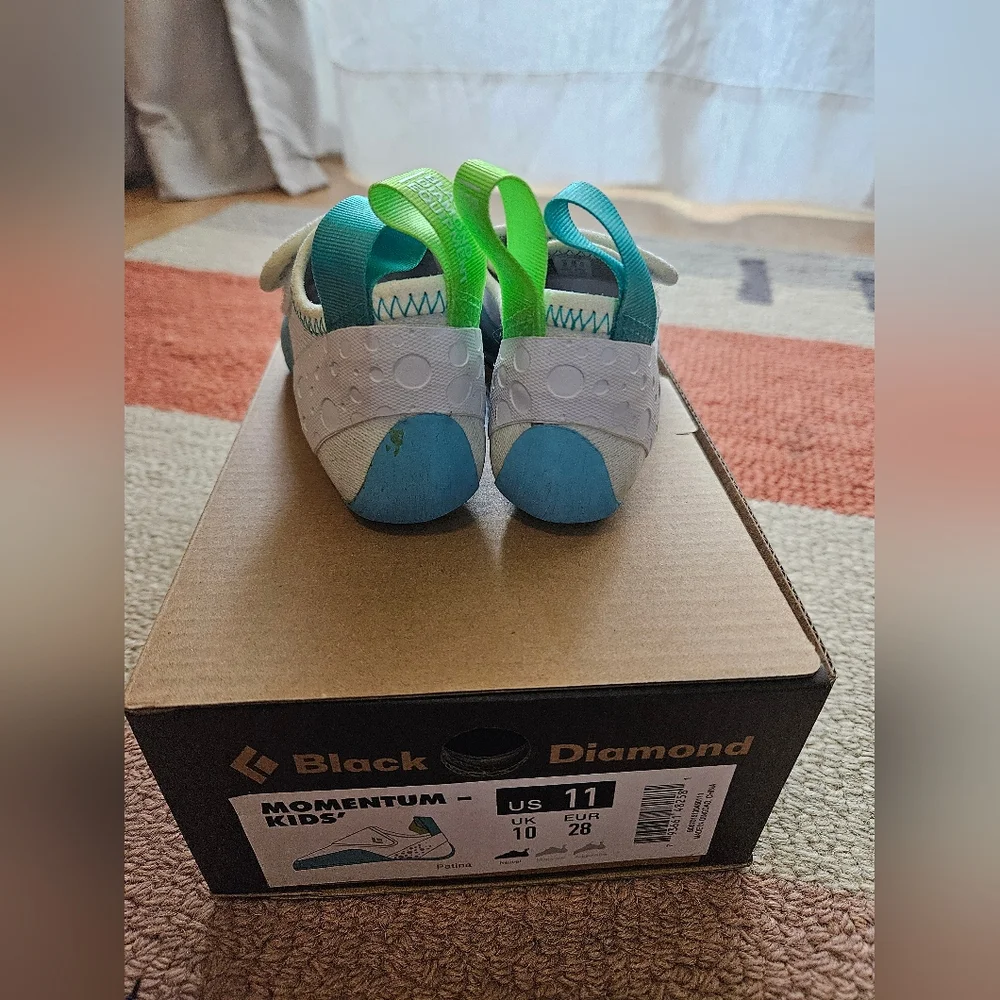 Black Diamond Kids Climbing Shoes in Teal, Gray, and Neon Green
